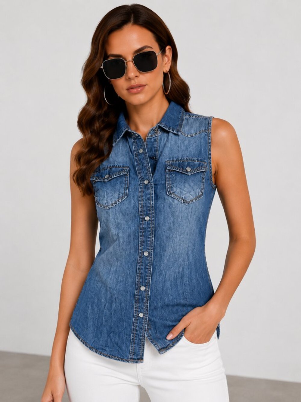 Dark Wash Western Denim Sleeveless Button Up Top NWT